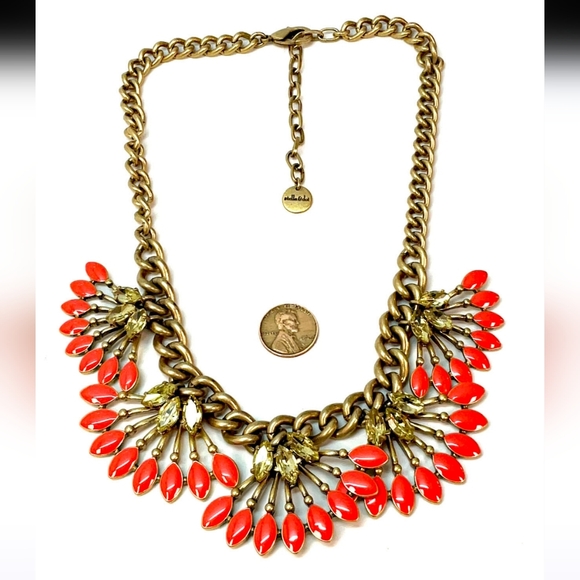 Stella & Dot Coral Cay Enamel Yellow Rhinestone Fan Statement Gold Tone Necklace - Picture 2 of 6